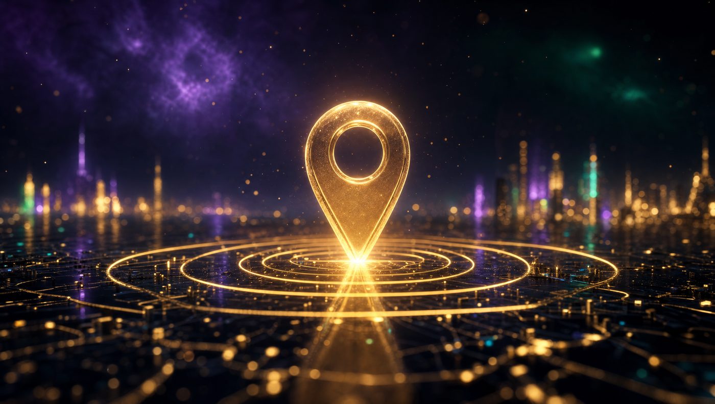 Goldener Standort-Pin über nächtlicher Stadt — lokales Webdesign Augsburg