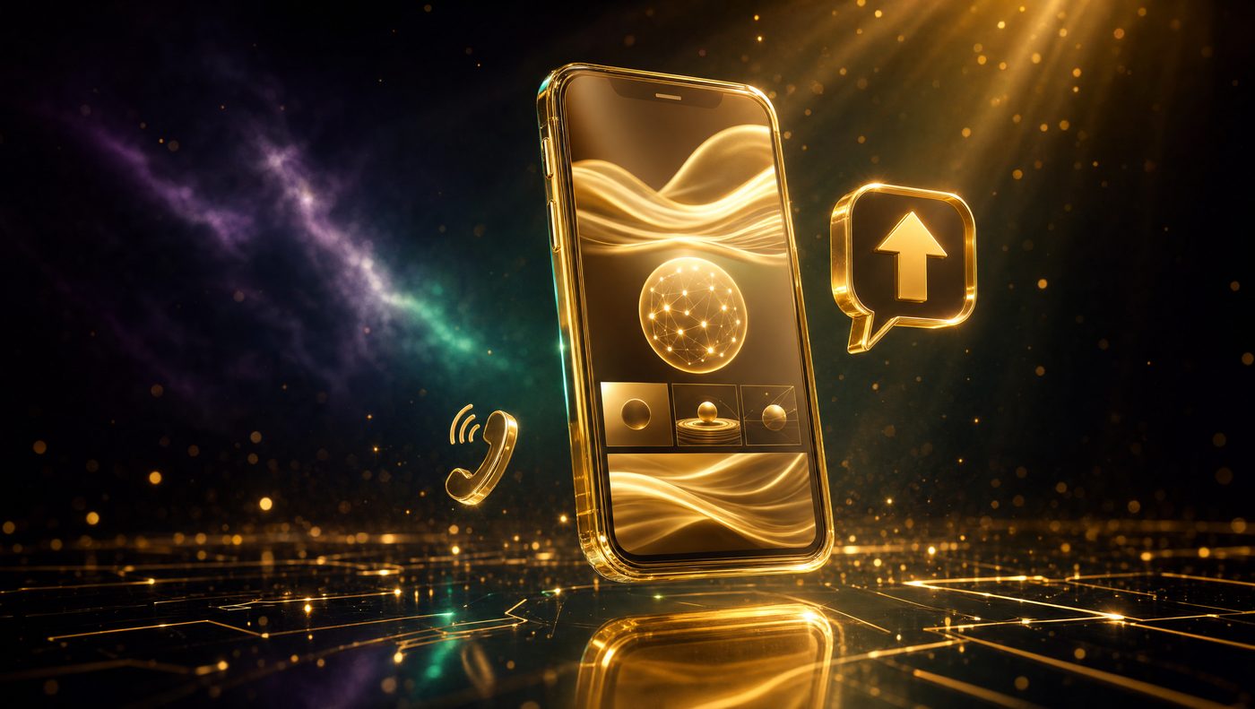 Goldenes Smartphone mit Website und eingehender Kundenanfrage — MOC-Design-Stil